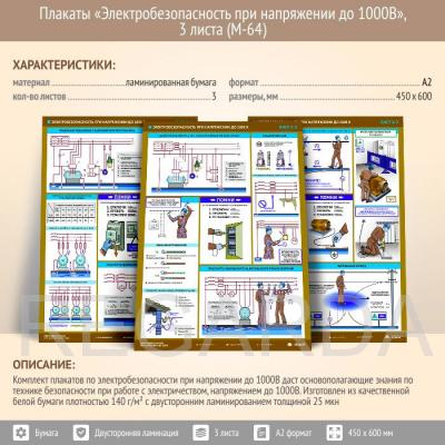 Плакаты «Электробезопасность при напряжении до 1000В» (М-64, 3 листа, А2)