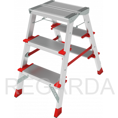 Профессиональная двухсторонняя алюминиевая  стремянка со ступенями 130 мм и складной площадкой 350×260 мм NV3127203