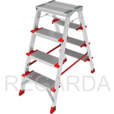 Профессиональная двухсторонняя алюминиевая  стремянка со ступенями 130 мм и складной площадкой 350×260 мм NV3127204