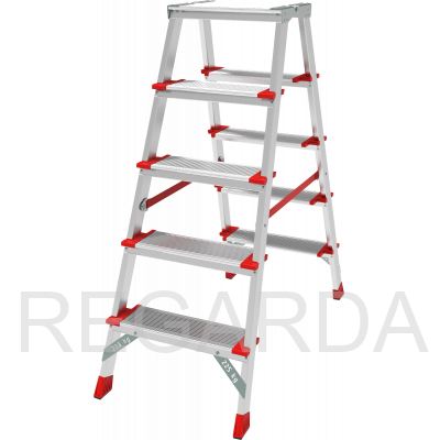 Профессиональная двухсторонняя алюминиевая  стремянка со ступенями 130 мм и складной площадкой 350×260 мм NV3127205
